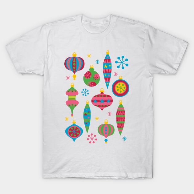 Retro Christmas Ornaments Colorful - Mid Century Modern White T-Shirt by PUFFYP